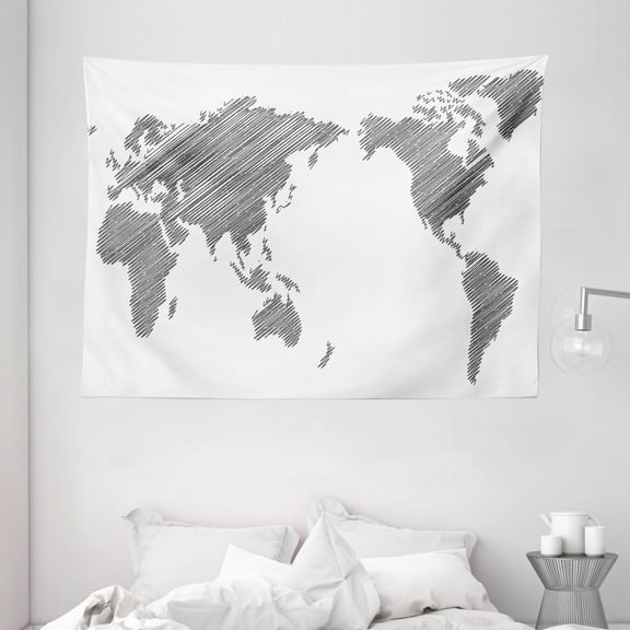 World Map Tapestry, Sketchy Striped Continents Cartography Geography Countries Worldwide Pencil Art, Wall Hanging for Bedroom Living Room Dorm Decor, 80W X 60L Inches, Black White, by Ambesonne
