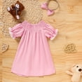 thumbnail image 4 of ZEHJUHAN Toddler Girls' Solid Color Dress Ruffle Short Sleeve Bunny Embroidery Dress with Headband Bow Pink，9-12M, 4 of 9