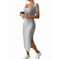 thumbnail image 3 of Women 2025 Summer Ribbed Short Sleeve Bodycon Maxi Dress Side Slit Knit Square Neck Long Sundress Light Gray M, 3 of 9