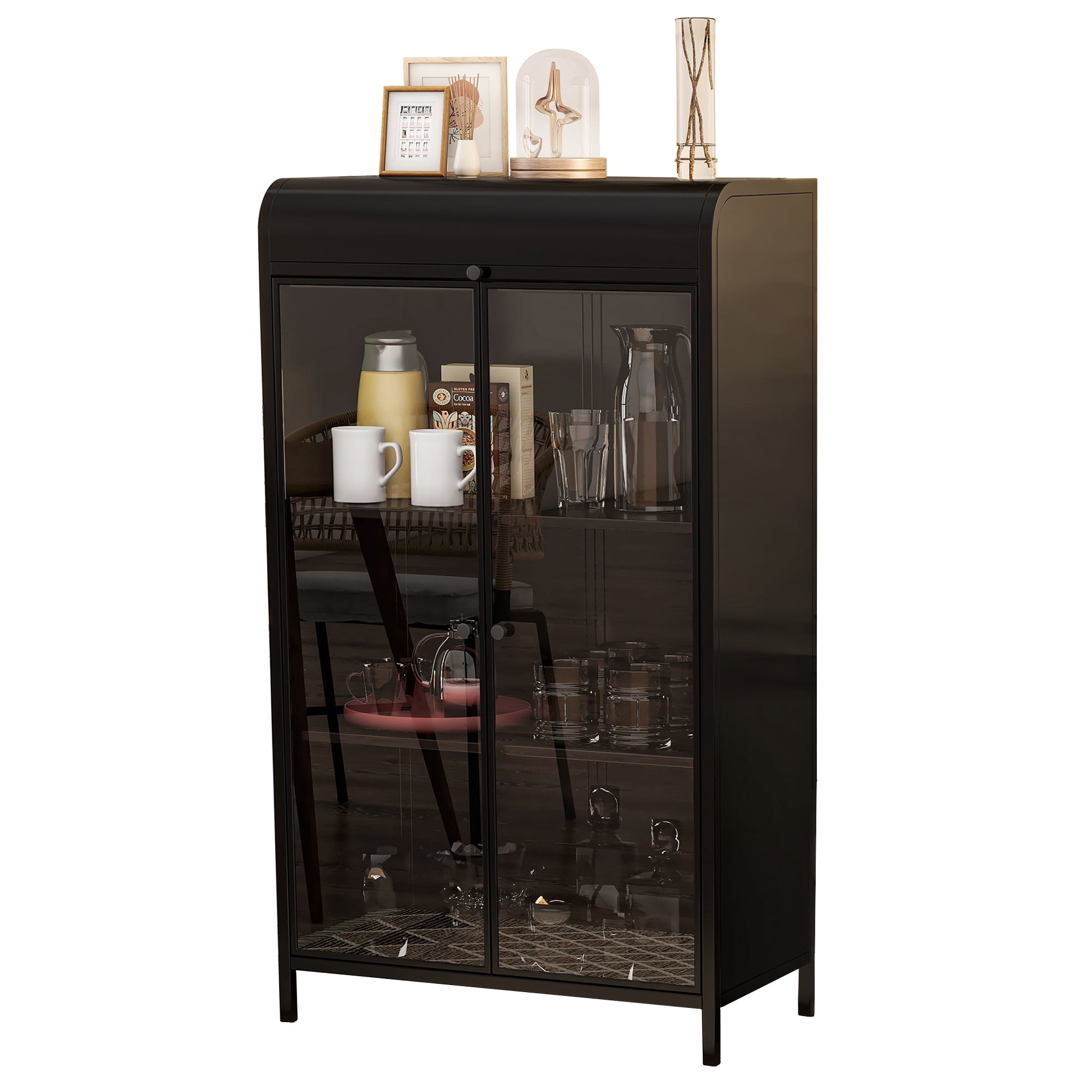 Leumius 4-Tier Metal Storage Cabinet with Glass Doors & Flip-Top, Display Cabinet with Open Shelves, Freestanding Steel Sideboard Buffet for Kitchen, Living Room, Home Office, Dining Room, Bathroom