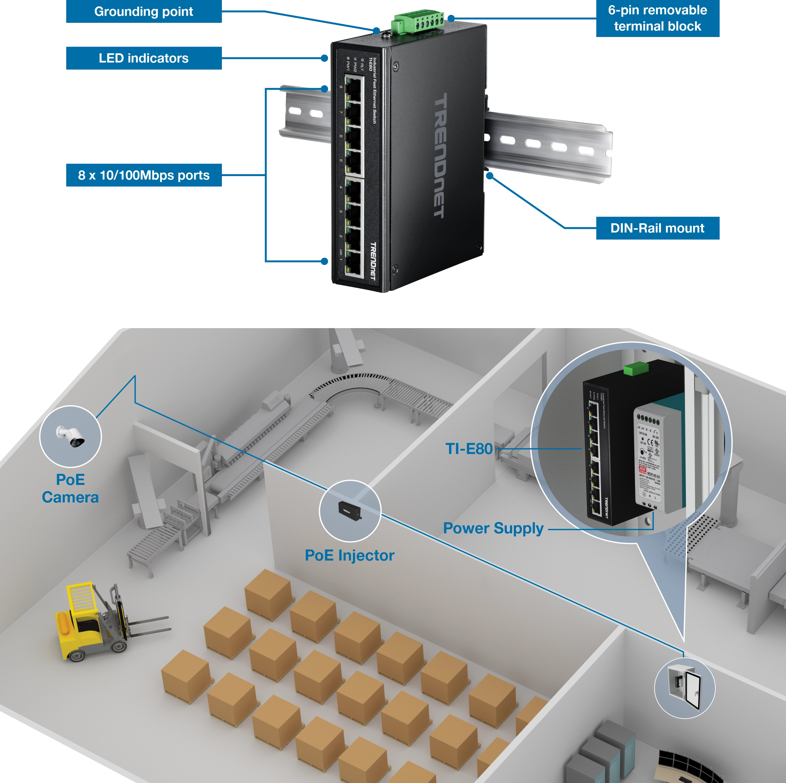 TRENDnet TI-E80 8-Port Industrial Fast Ethernet DIN-Rail Switch