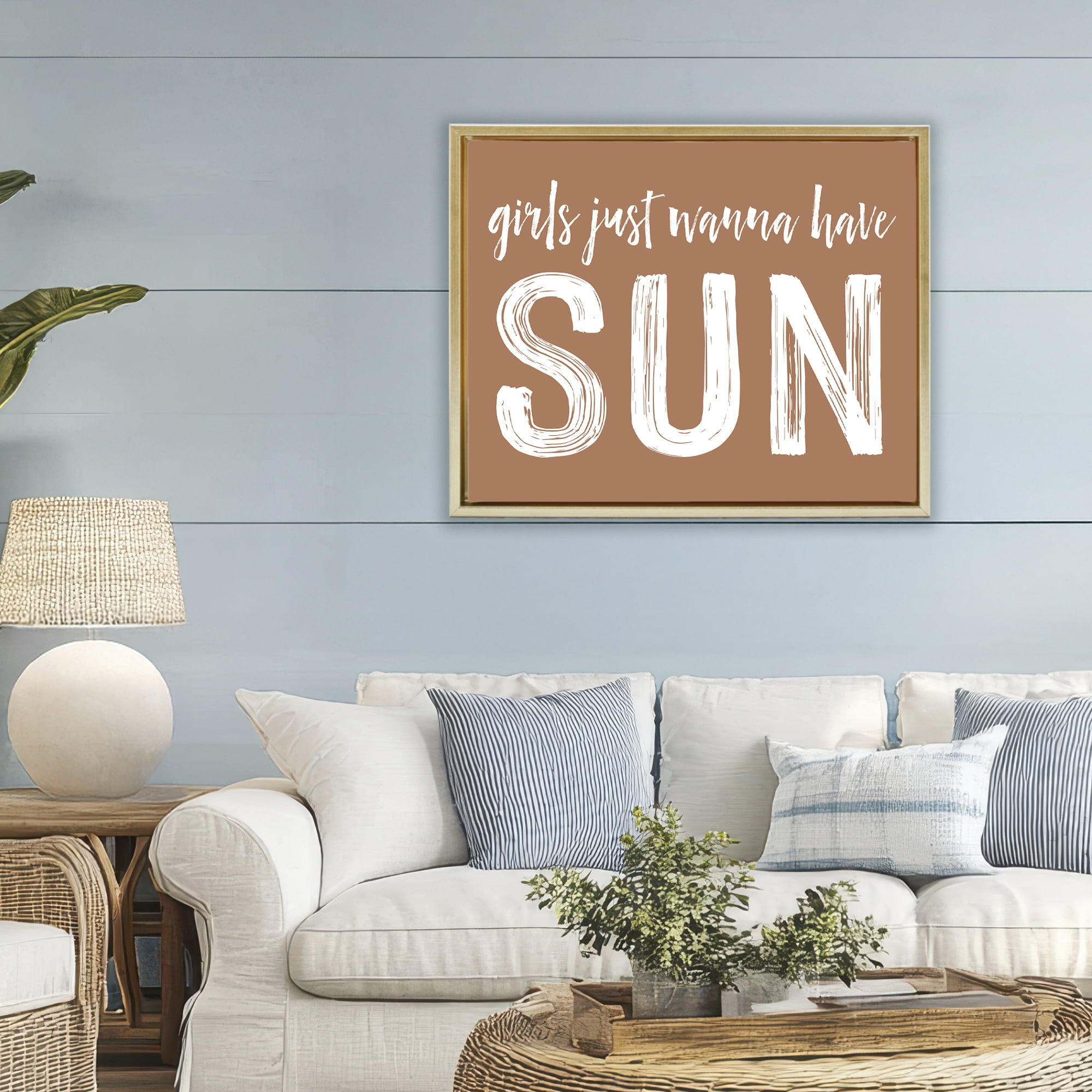 Girls Wanna Have Sun Brown Gold Framed Floater Canvas Wall Art, design by Lettered and Lined