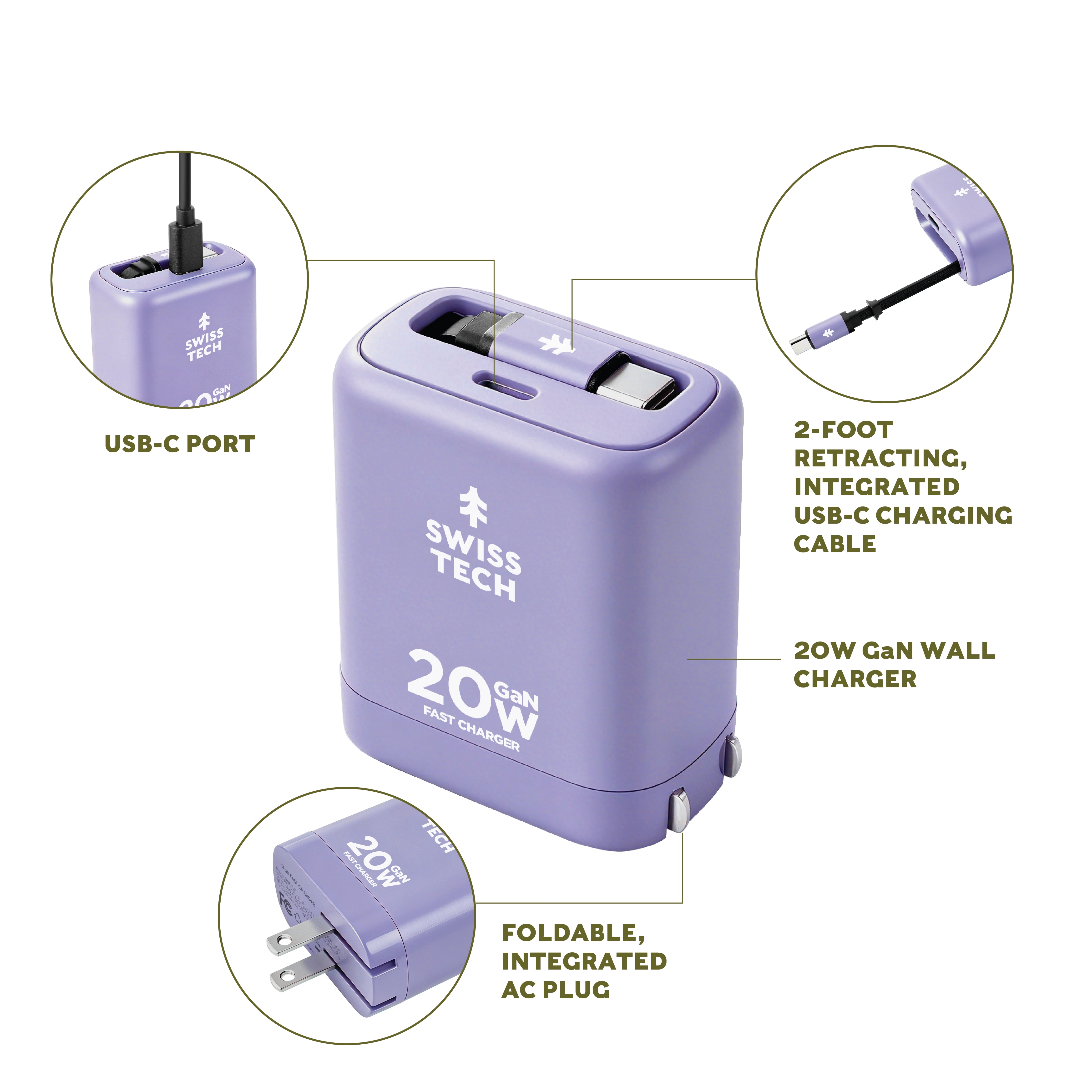 Swiss Tech Mussen 20W USB-C Wall Charger with Retractable Cable, Fast PD Charging, Myrtle Purple