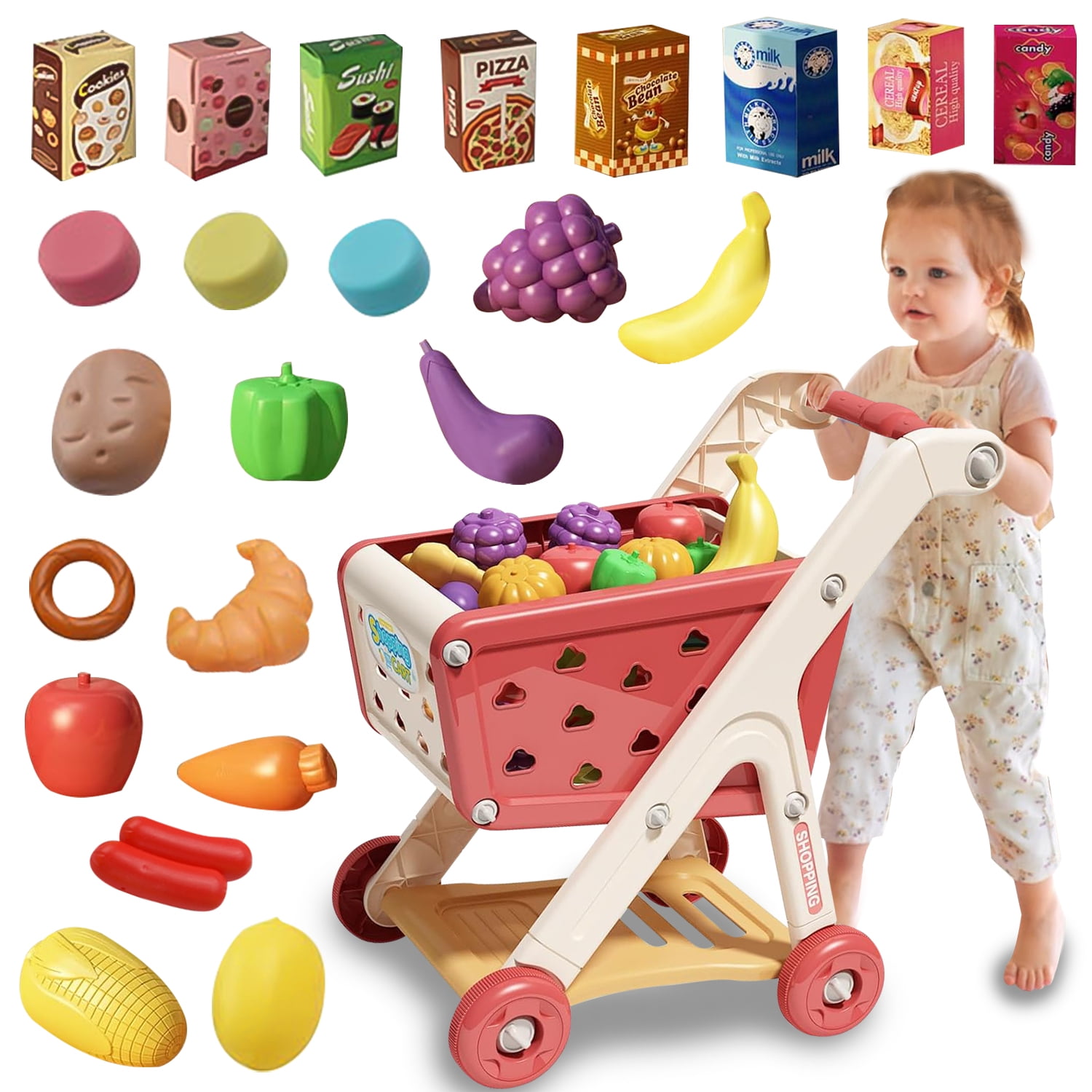 Shopping Carts for Kids, Trolley Play Set with Pretend Food and Accessories, Preschool Toys for Ages 3-6 Birthday Christamas Gifts (Red)