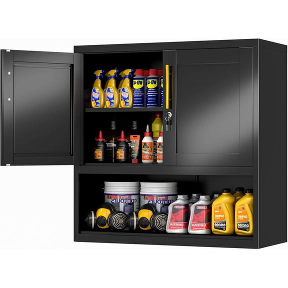 Metal Wall-Mounted Garage Cabinet with Lock, Adjustable Shelf and Open Storage Area, Black