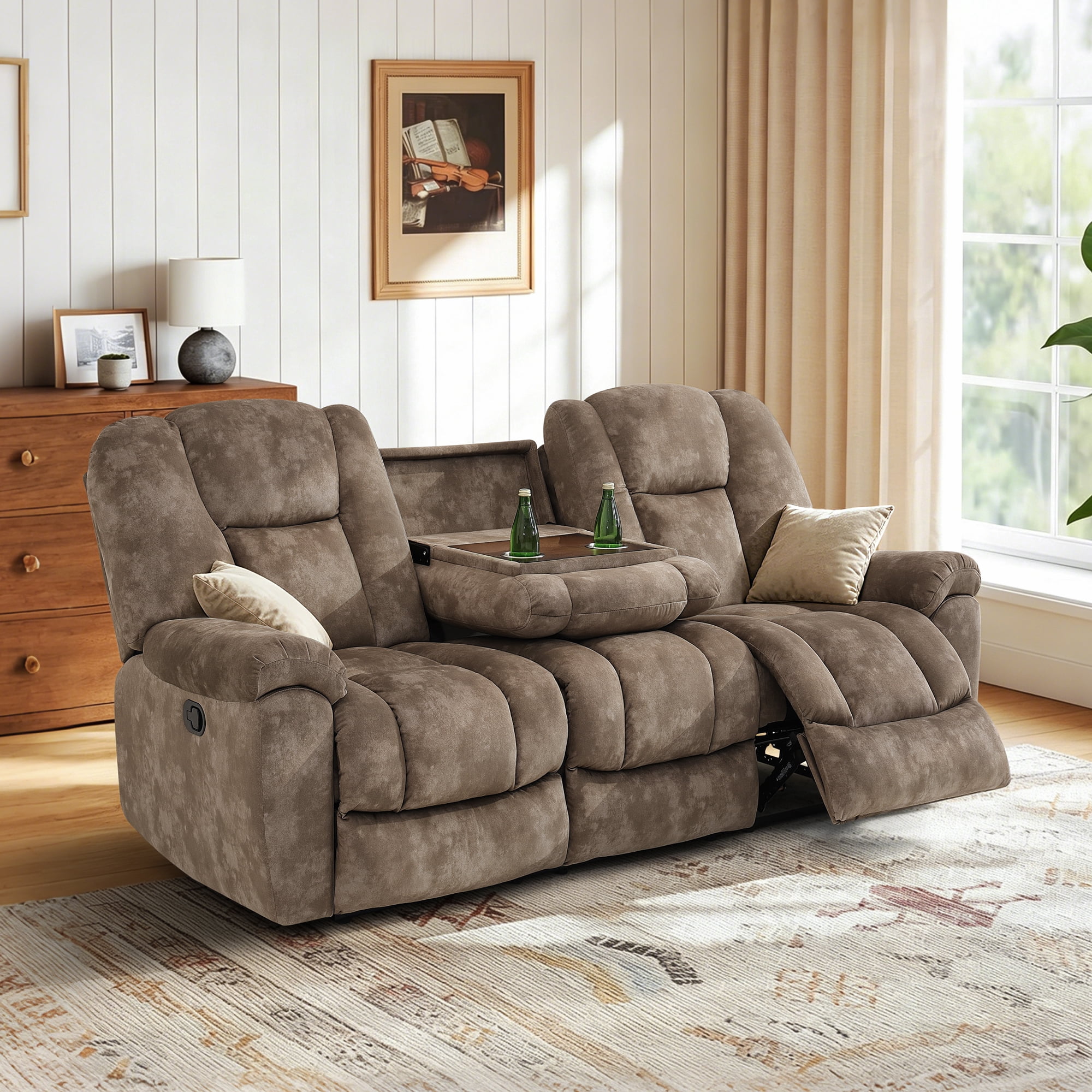 Gewnee 3‑Seater Manual Recliner Sofa, Printed Velvet Upholstery with Flip‑Down Cup Holder, Solid Wood Dual‑Layer Spring, Ergonomic Lumbar Support for Living Room Apartment，Brown