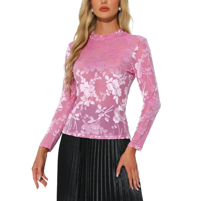 INSPIRAR CHIC Top de Malla Transparente para el Día de San Valentín con Cuello Mock de Impresión Floral de Terciopelo Camisetas S Rosa