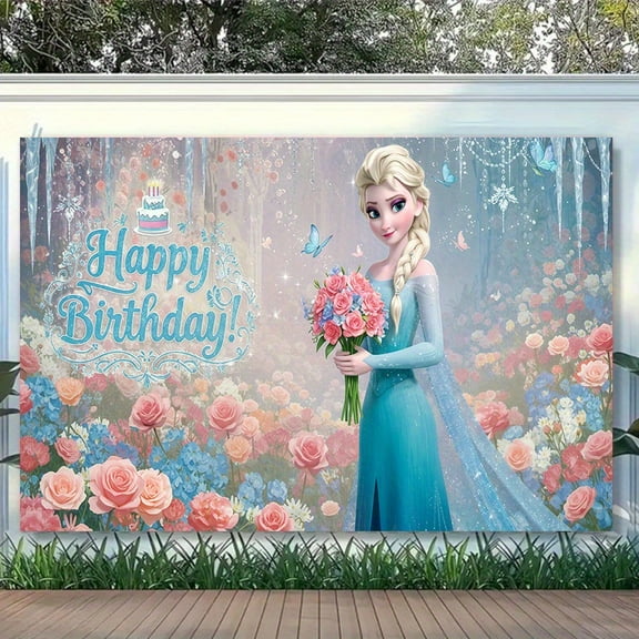 Frozen Floral Holding Bouquet Birthday Party Backdrop - Polyester Fiber Wall Banner, Ideal for Indoor/Outdoor Birthday Celebrations, Mixed Color Design with Festive Decorations