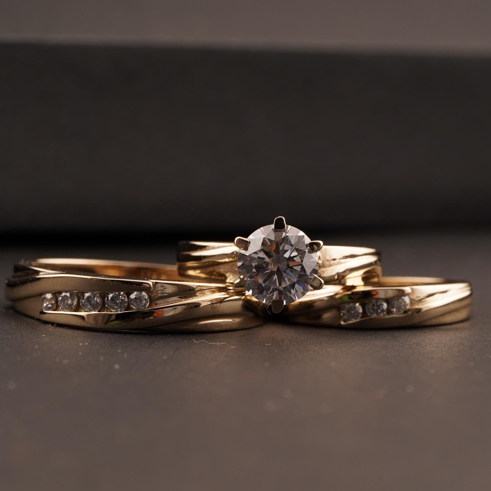 Bluebell Jewels His & Her 14K Yellow Gold Finish Silver Couple Wedding Trio Ring Set Round Cut CZ Set
