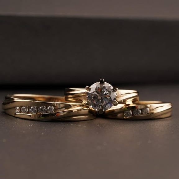 Bluebell Jewels His & Her 14K Yellow Gold Finish Silver Couple Wedding Trio Ring Set Round Cut CZ Set