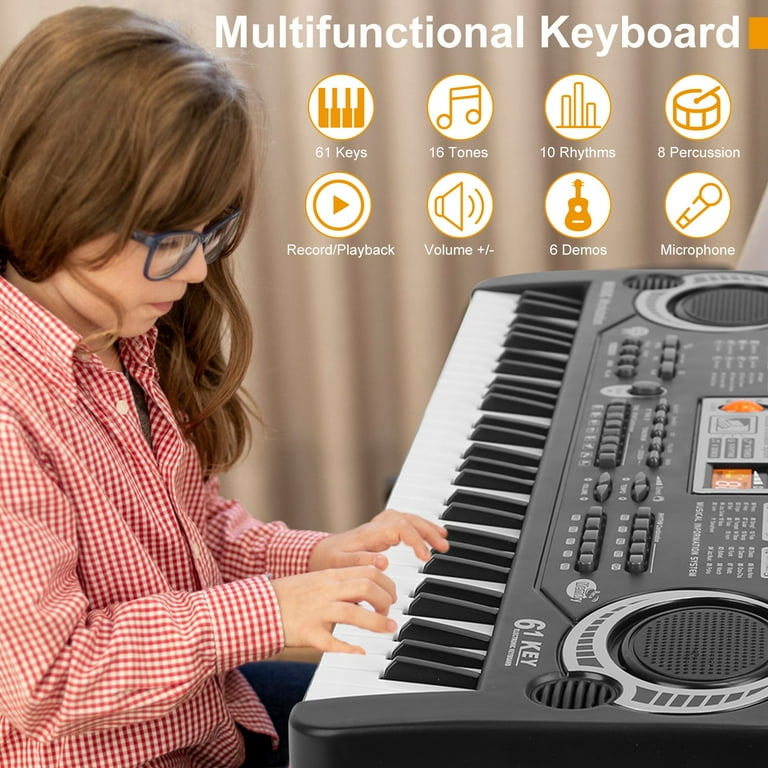 61 Key Children Electronic Piano & Microphone 16 Tones 10 Rhythms 6 Demo  Songs Keyboard Piano