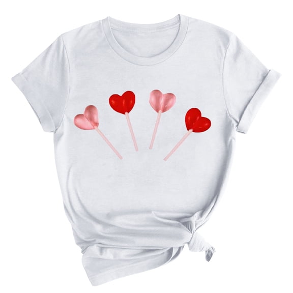 Charella Short Sleeve Shirts for Women Valentines Day Gifts Crewneck Fashion Print T-shirts Loose Fit Tops,White,XL