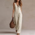 thumbnail image 4 of Hvogkswy Linen Jumpsuits for Women Ruffled V-Neck Button Front Sleeveless Jumpsuit with Pockets Comfy Loose Breathable Summer Casual Wide Leg Romper, 4 of 7