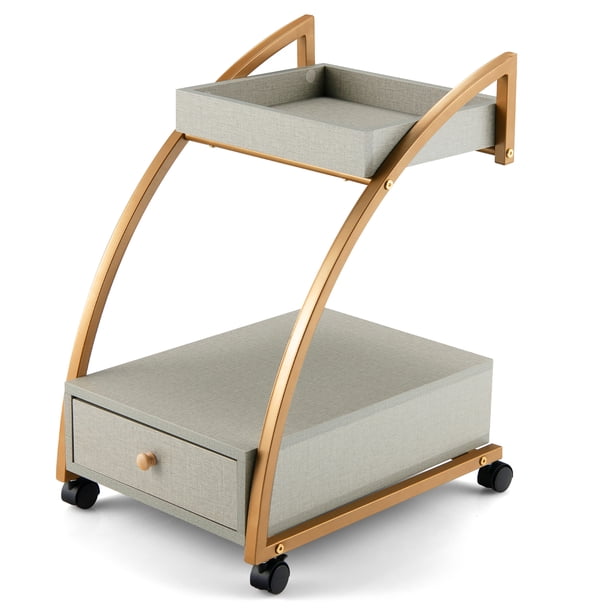 Costway Mesita auxiliar con ruedas y cajón, mesita lateral con forma de C con 2 niveles bandeja desmontable y ruedas con freno, carro móvil para salón dormitorio estudio y cocina, gris y oro