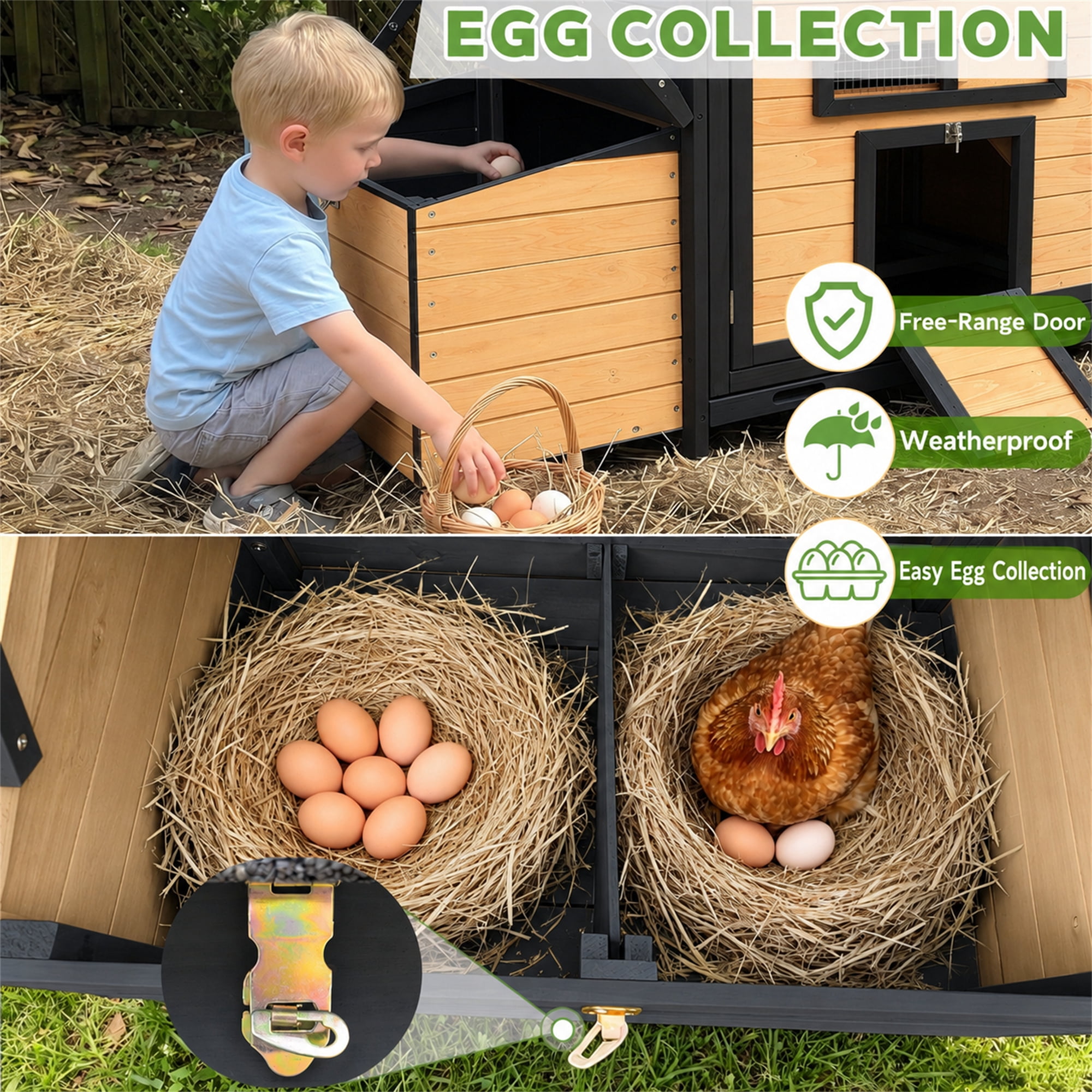 Aukfa 114" Large Chicken Coop Wood Chicken Run Cage w/ Nest Box and Pull-on Tray for Outdoor, Backyard, Black