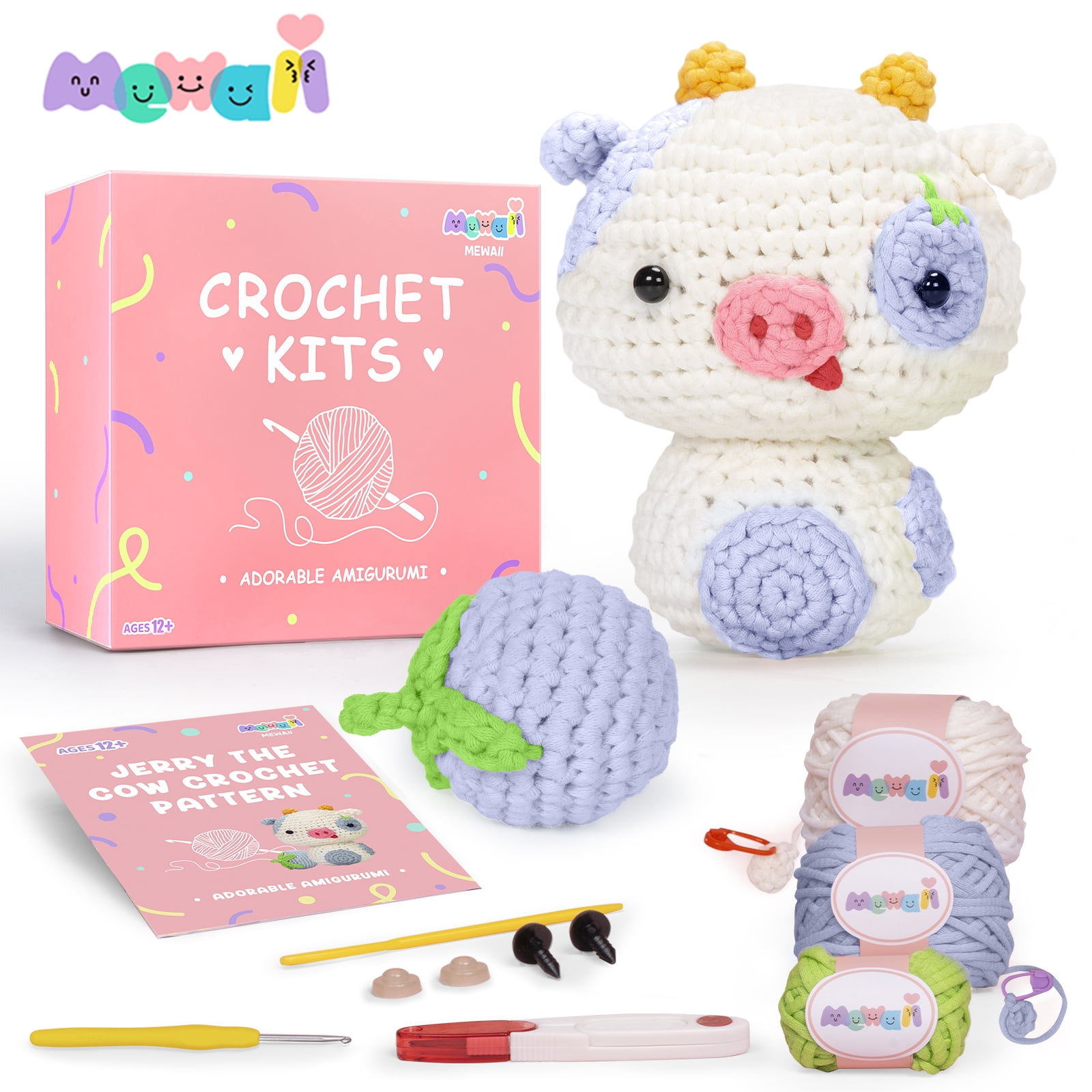  Mewaii Crochet Kit for Beginners with 4 Mushroom Plush,  Complete DIY Crochet Kit with 40%+ Pre-Started Tape Yarn Step-by-Step Video  Tutorials for Adults and Kids (Blueberry Cow with Sample Plush)