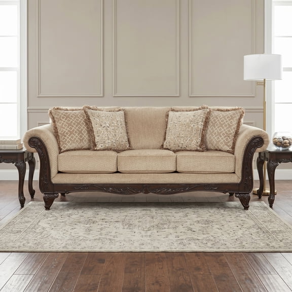 Roundhill Furniture Hernen Carved Wood Frame Sofa, Emma Wheat