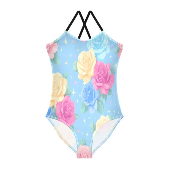 BZSMCE One-Piece Swimsuit with Crisscross StrapsRoses Blue Background Pattern