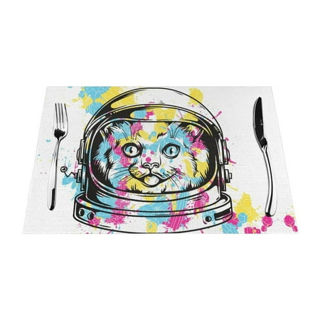 

PUREYAH Table Placemats Set of 4 PCS Washable Heat Resistant Cat Space Nasa Table Decorations Placemats for Dining Room Kitchen