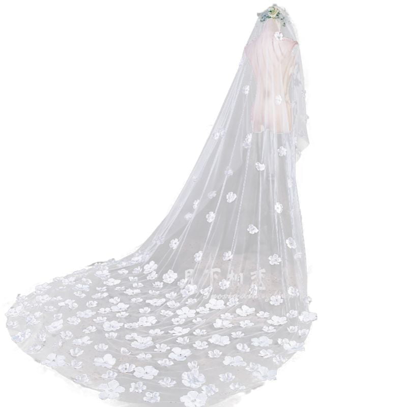 cici store 3M Bridal Tulle Ultra-Long Trailing Wedding Veil Romantic Irregular Five Petals Flowers Appliques Cathedral Bridal Veil