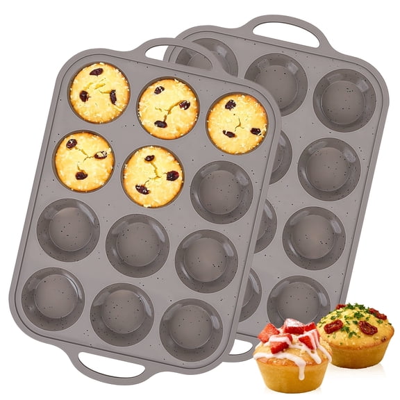 CAKETIME 2 Pack Silicone Muffin Pan with Metal Reinforced Frame - Regular 12 Cups Baking Pan