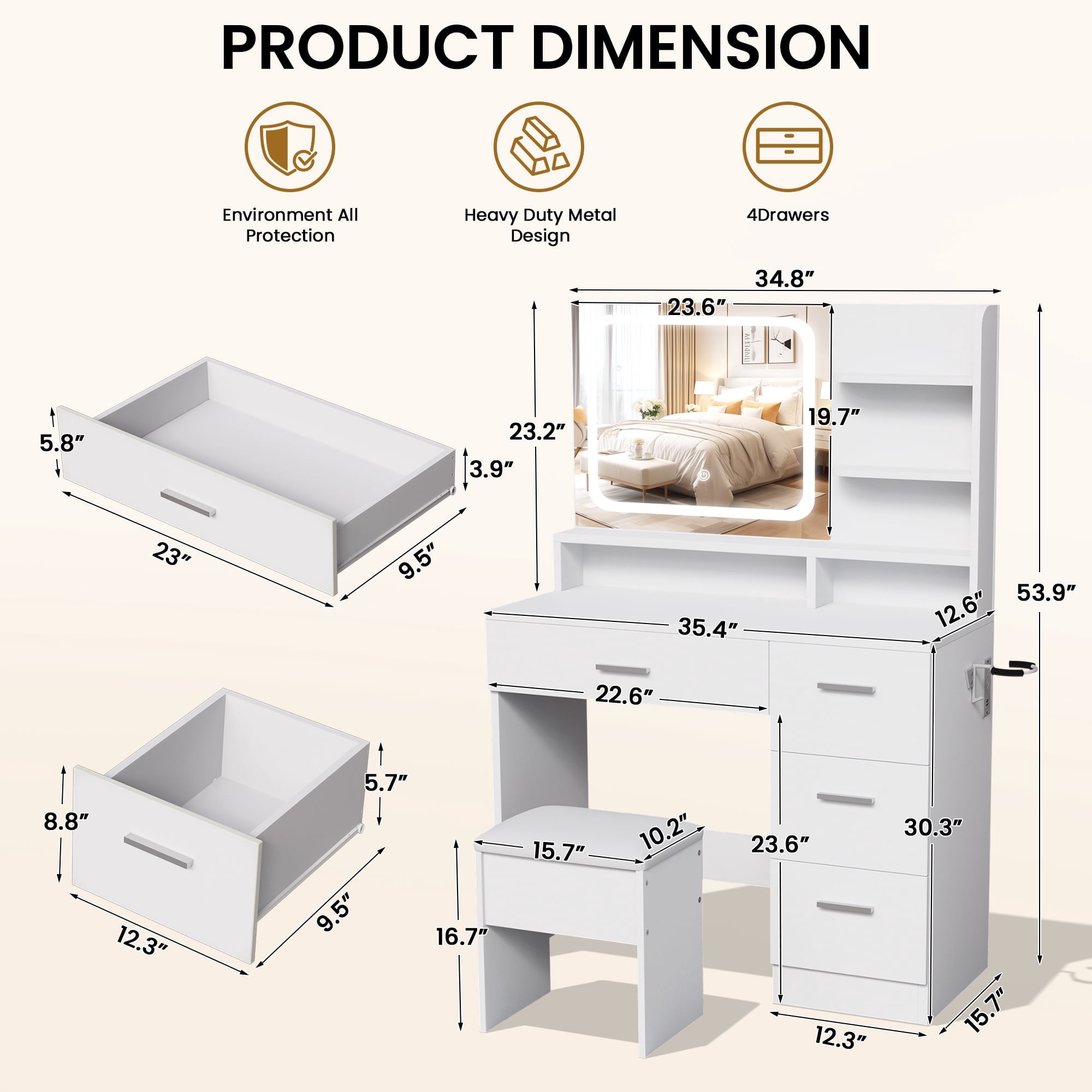 LIVELYGLOW Vanity Set with Stool,Smart LED Mirror Makeup Vanity Set with Power Outlet,Vanity Dressing Table for Bedroom,White