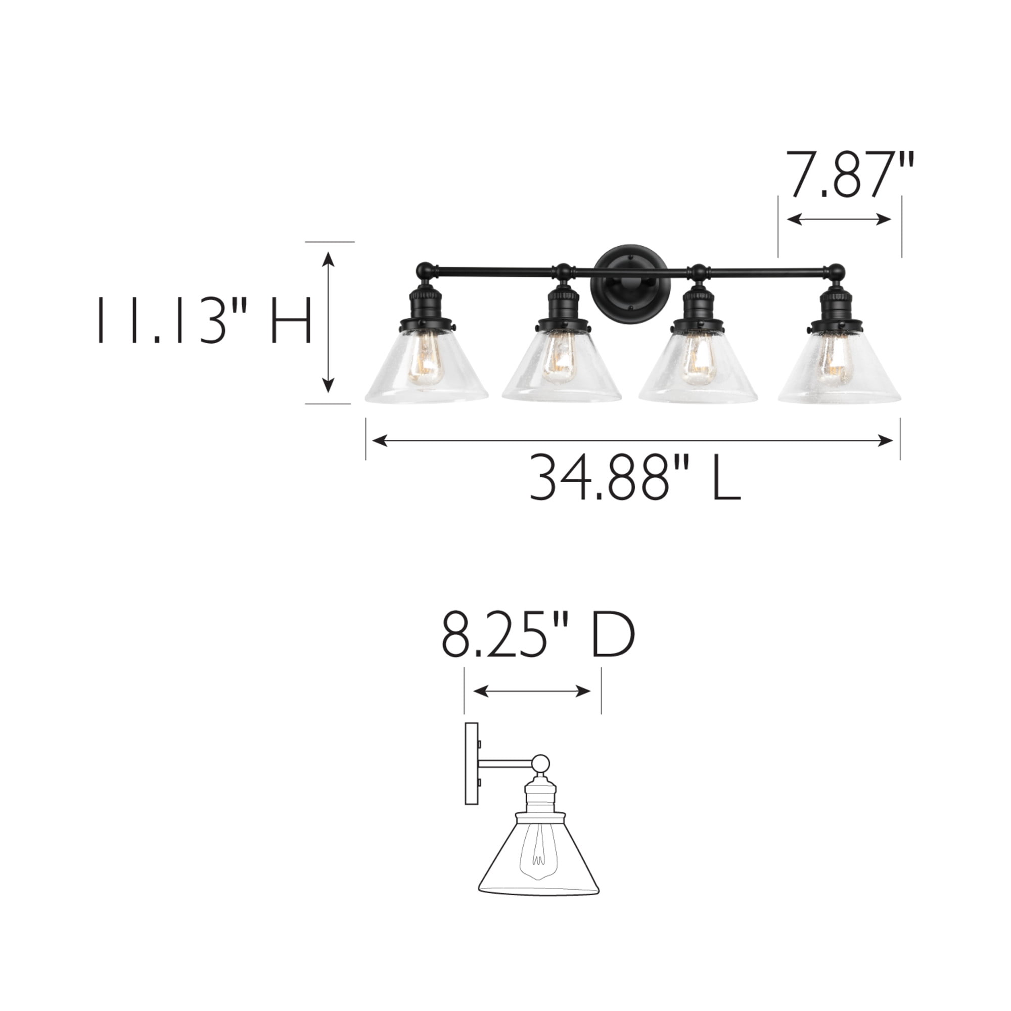 Corwin 4-Light Black Vanity Light with Seeded Glass Shades, Dimmable, Up/Down Mount, 34.9 in L x 8.3 in D x 11.1 in H