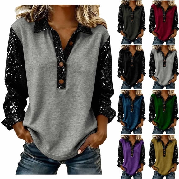 Miluxas Women's Sequin Tops Button Down Sparkle Shirts Casual Long Sleeve Blouses Glitter Casual Outerwear Tops Wine XL(XL)