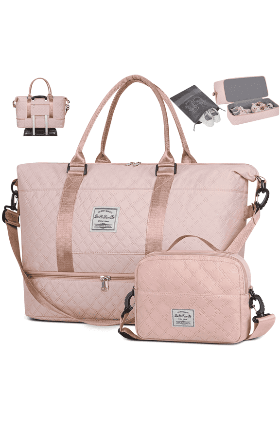 Weekender Overnight Bag for Women, Travel Duffel with Shoe & Wet Pockets, Includes Toiletry Bag, Ideal as Hospital or Personal Item Bag, Pink
