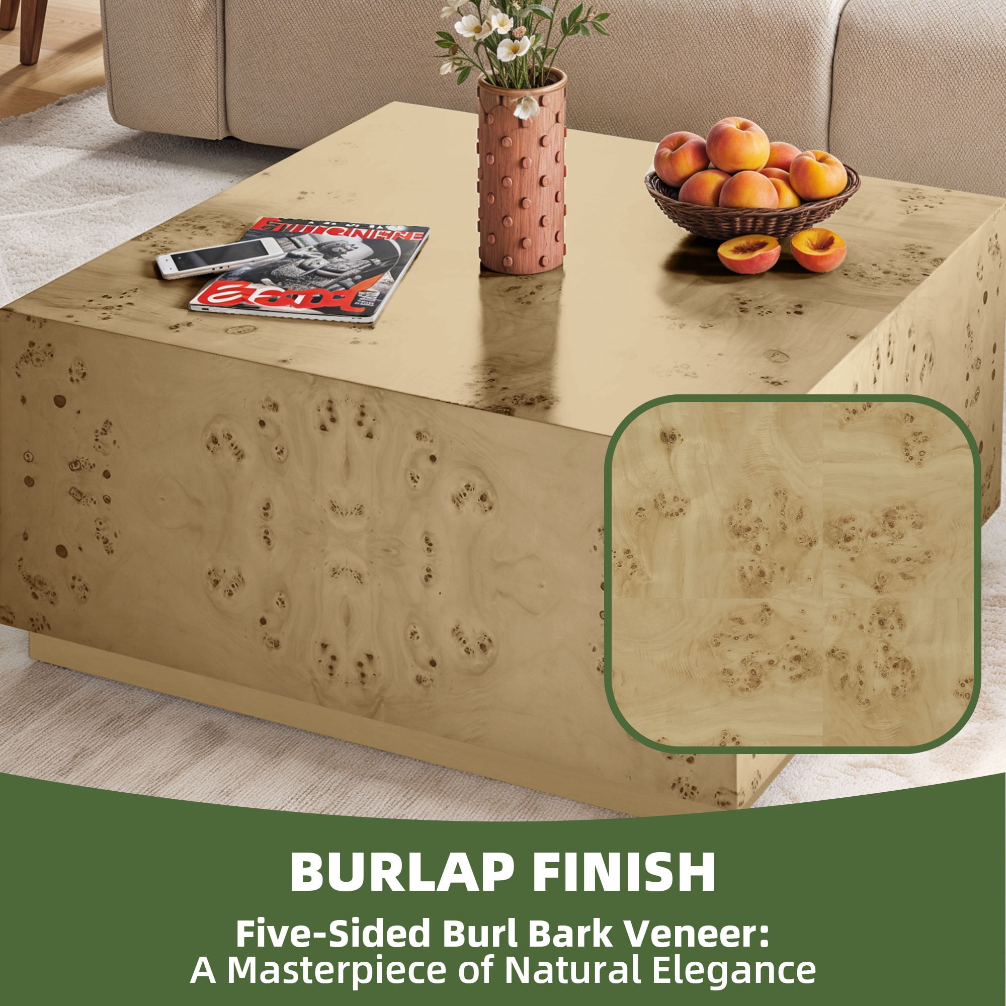 Uforic Minster Square Coffee Table, Exquisite Burl Wood Craftsmanship, Unique Grain Patterns, Modern Aesthetic, Spacious Surface, and No Assembly Required
