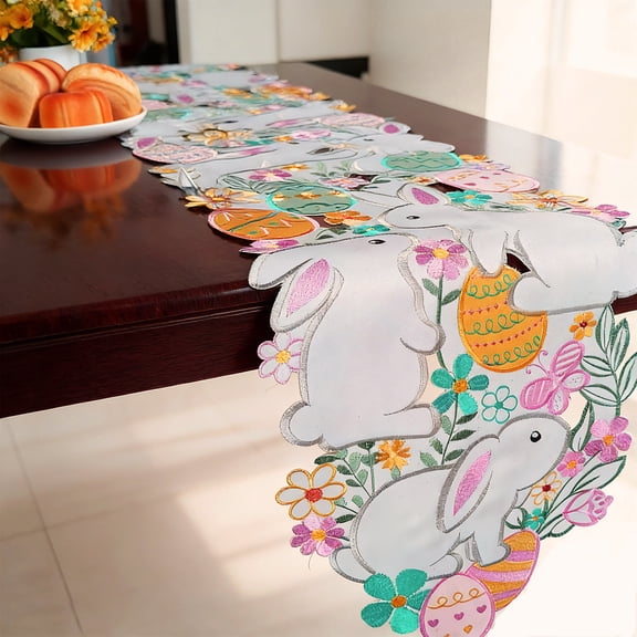 KUKIDSVO Easter Embroidered Table Runner, Hollow Bunny Egg Linen Cloth for Party Table Decor, 13.78×67.72in, Size XL