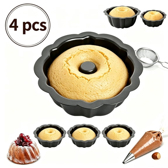 Mini Bundt Cake Pans – 4 Pack 4 Inch Nonstick Mini Bundt Cake Pans, Black Carbon Steel Fluted Molds for Baking Cupcakes, Brownies, and Tarts