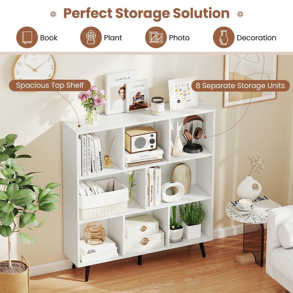 Resenkos 8-Cube Bookcase with 5 Tapered Metal Legs for Modern Decor - White/Black