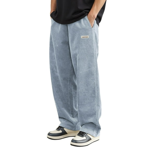 Men's Casual Pants for Fall and Winter Loose Wide Leg Corduroy Trousers Streetwear Solid Color High Waist Pant for Modern Men A-Blue L