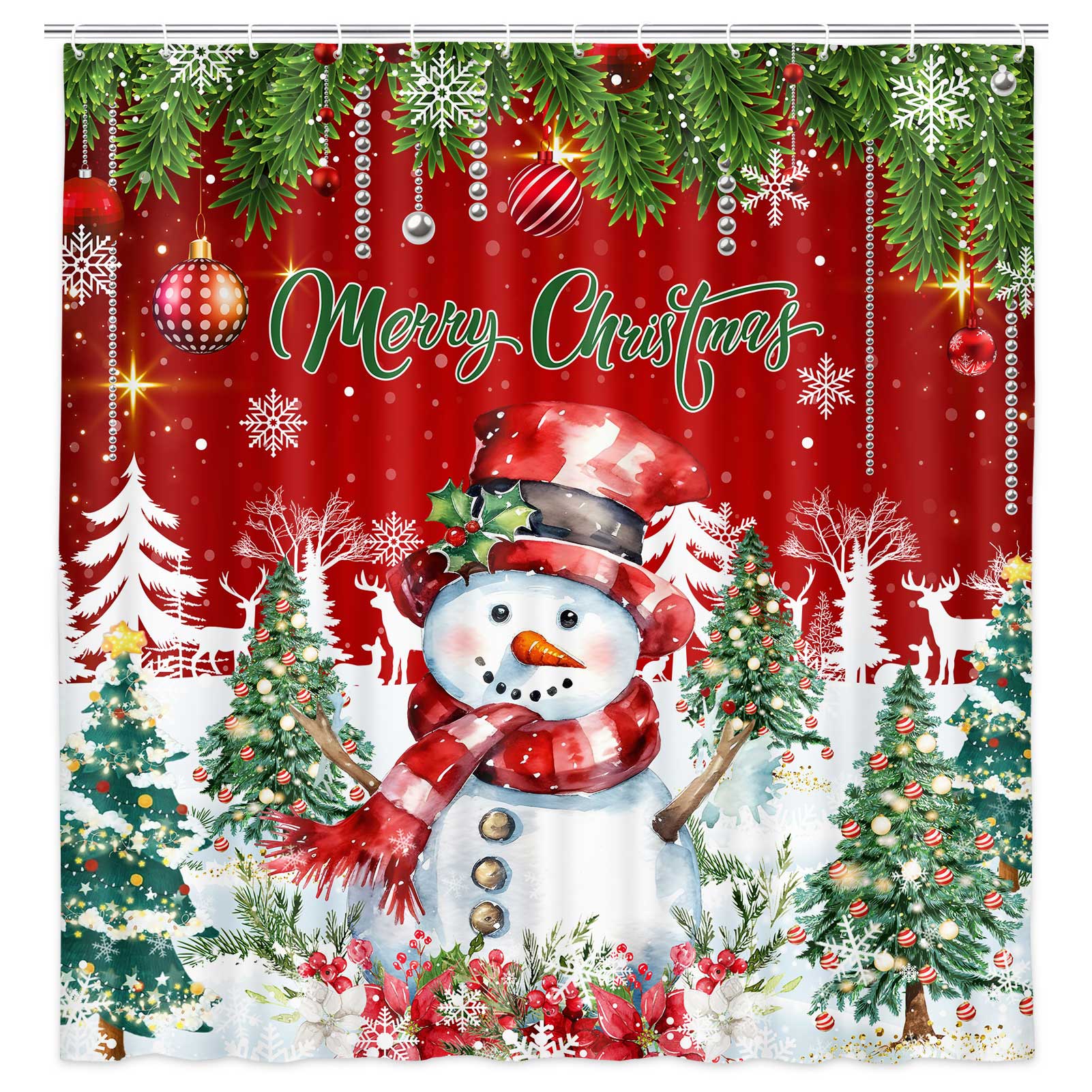 Red Christmas Shower Curtain, Winter Christmas Snowman Shower Curtain Set, Xmas Pine Tree Christmas Fabric Shower Curtains for Bathroom Decor with Hooks,70X70IN