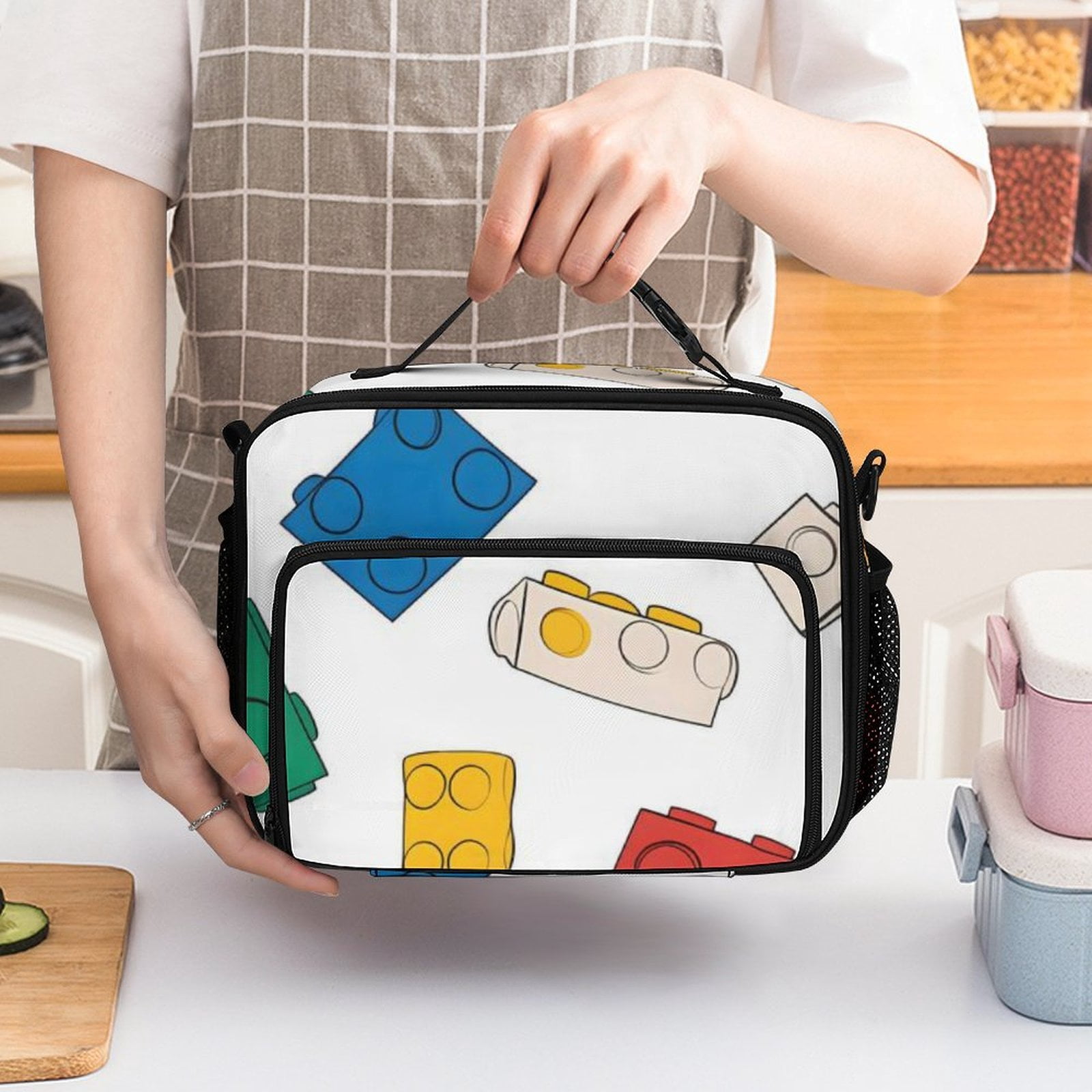 11.8×9.6in Large Capacity Rectangular Lunch Bag Durable Storage Convenient Thermal Insulation And Cold Pocket Design Multicolored Building Block (15)