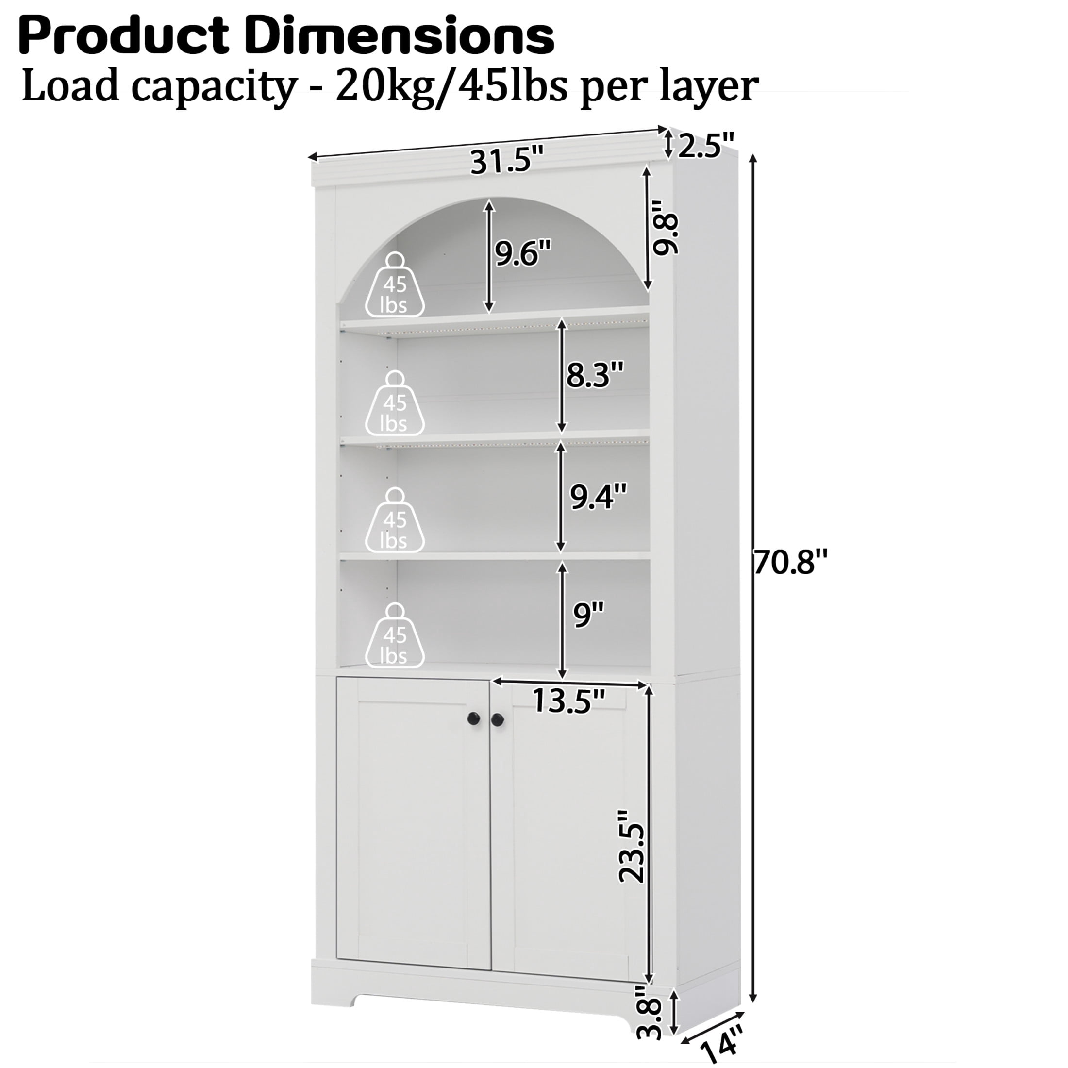 GDF Studio Arbor Arched Bookshelf with LED Lighting, Storage Cabinet & Adjustable Shelves for Home Office, White