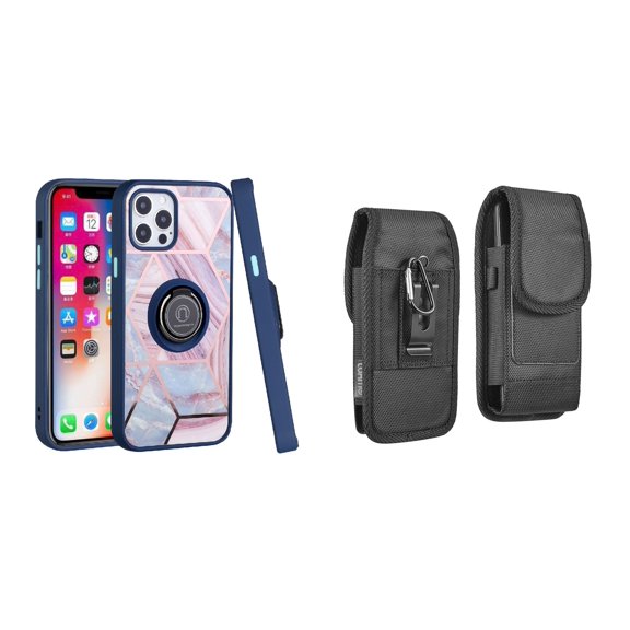 Bemz Ring Series Case for iPhone 14 Plus (TPU Silicone Cover with Magnetic Stand) and Vertical Rugged Nylon Belt Holster Pouch - Blue on Pink Marble