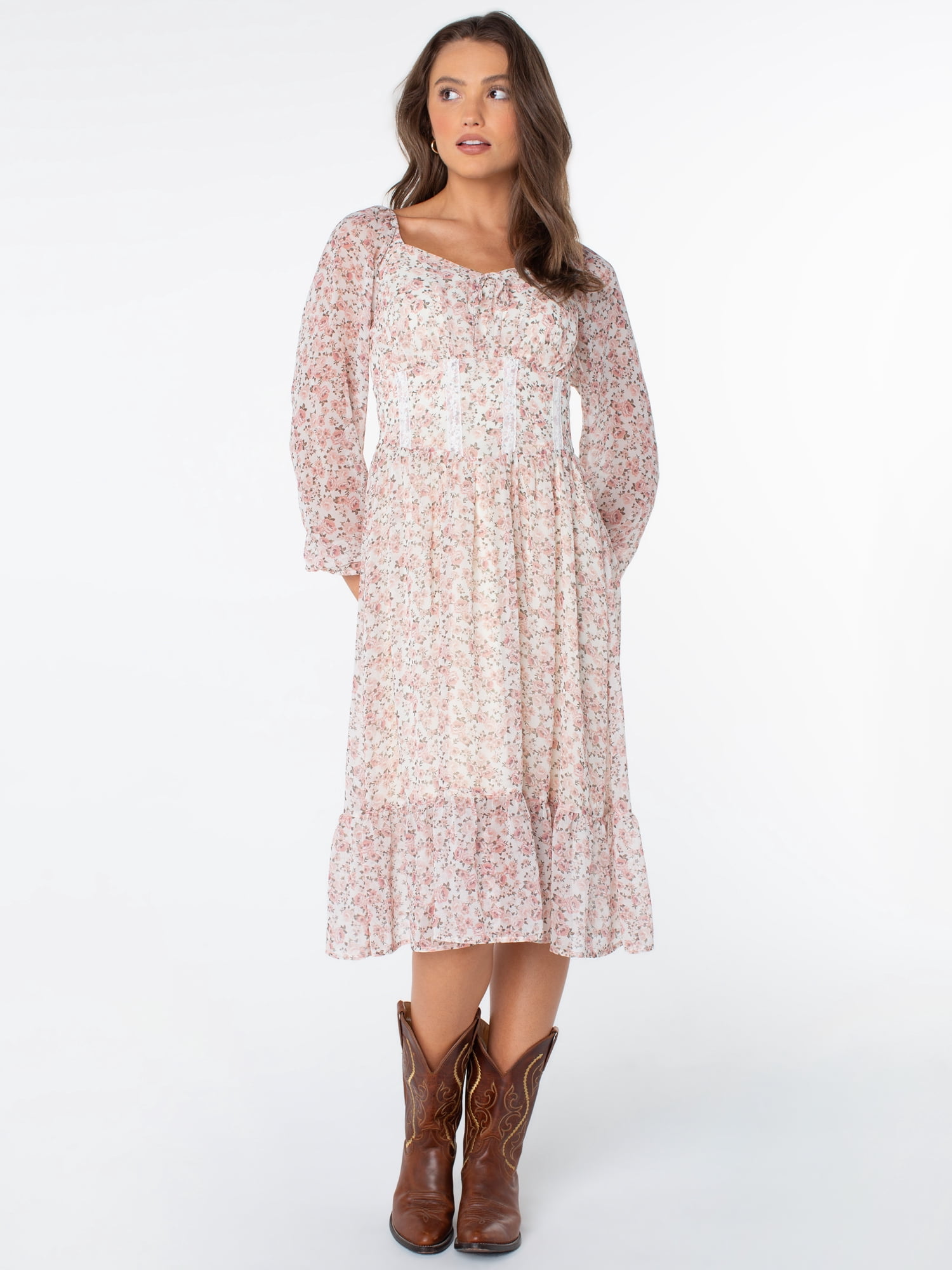 Celebrity Pink Women's Long Sleeve Basque Waist Midi Dress, Sizes XS-XXXL