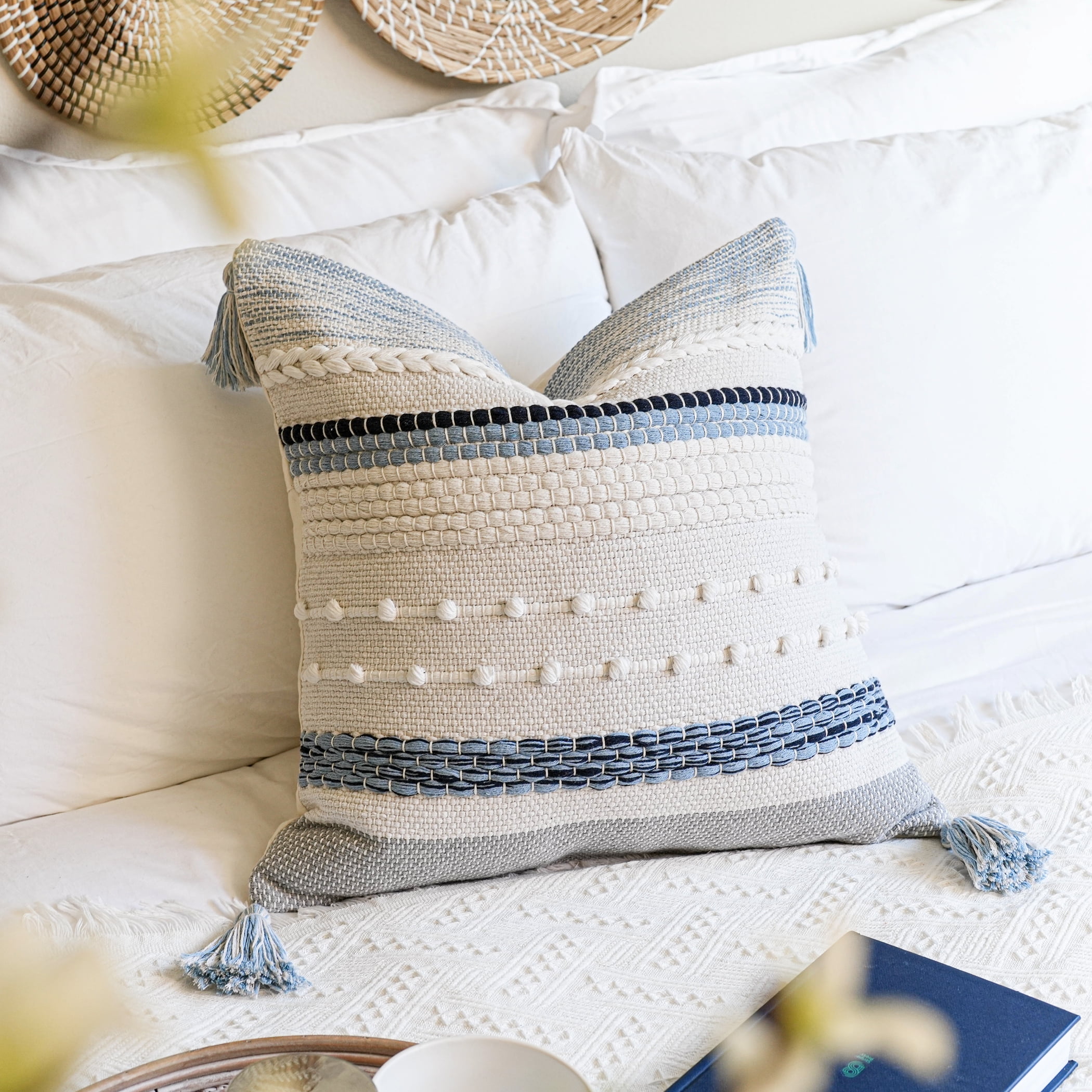 BlissBlush Coastal Blue Boho Decorative Throw Pillow Cover 18x18 Modern Bohemian Accent Pillow Case Square Woven Textured Farmhouse Pillows for Couch Bed (Pack of 1)