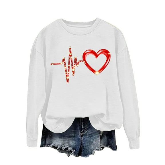 Valentines Womens Tops Love Heart Beat Print Shirts Cute Crewneck Sweatshirt Long Sleeve Plain Tops Valentines Shirts for Women
