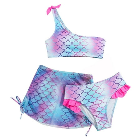 GYRATEDREAM 7-12T Big Girls Mermaid Swimsuits 3 Piece Bikini Set Bathing Suit Swimwear with Cover Up Beach Skirt UPF 50+