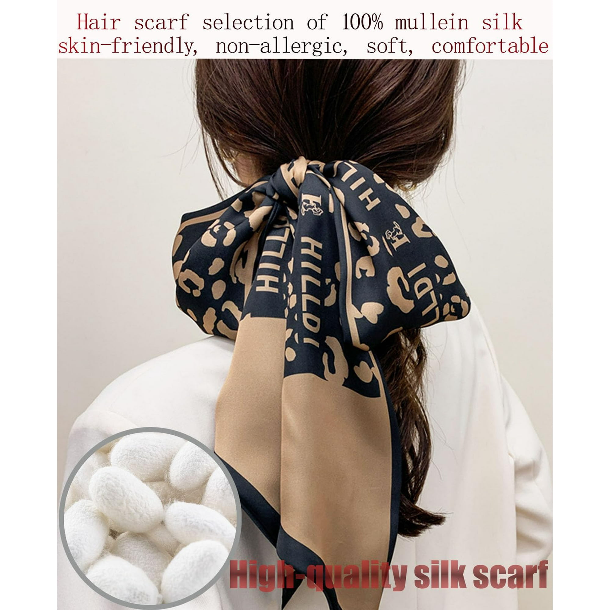 Elegant Silk Head Scarf for Women Double Sided Rectangle Tie Versatile Neck Waist Strip Scarves 59 x 5.9 Pencil Leopard Brown