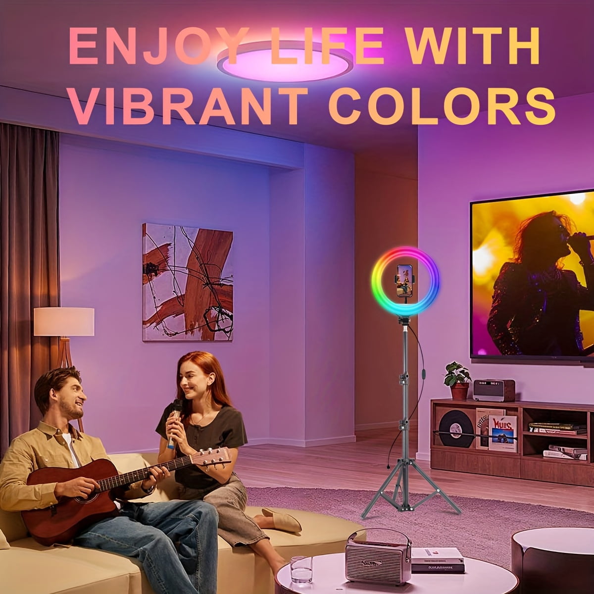 10-inch RGB LED Ring Light with Stand, Compatible with Tripods up to 43", Includes 2 Phone Mounts, 5000K Color Temp - Ideal for Live Streaming, Makeup, YouTube, TikTok & Vlogging.