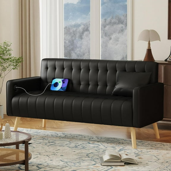 57” W Loveseat Sofa, Small Black Faux Leather Couch w/USB Charging Ports, Mid Century Modern Tufted Love Seat Couches, Mini Office Sofa Couch for Small Spaces, Bedroom, Living Room, Apartment