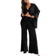 thumbnail image 3 of Wassery Women Spring Fall Pants Outfits Long Sleeve Turn-Down Collar Loose Shirts Elastic Waist Wide-Leg Long Palazzo Pants 2 Pieces Casual Lounge Pants Set, 3 of 8