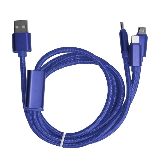 Cable de carga rápida USB múltiple trenzado de nailon 3 en 1 para puertos IOS/Tipo C/Micro USB Azul