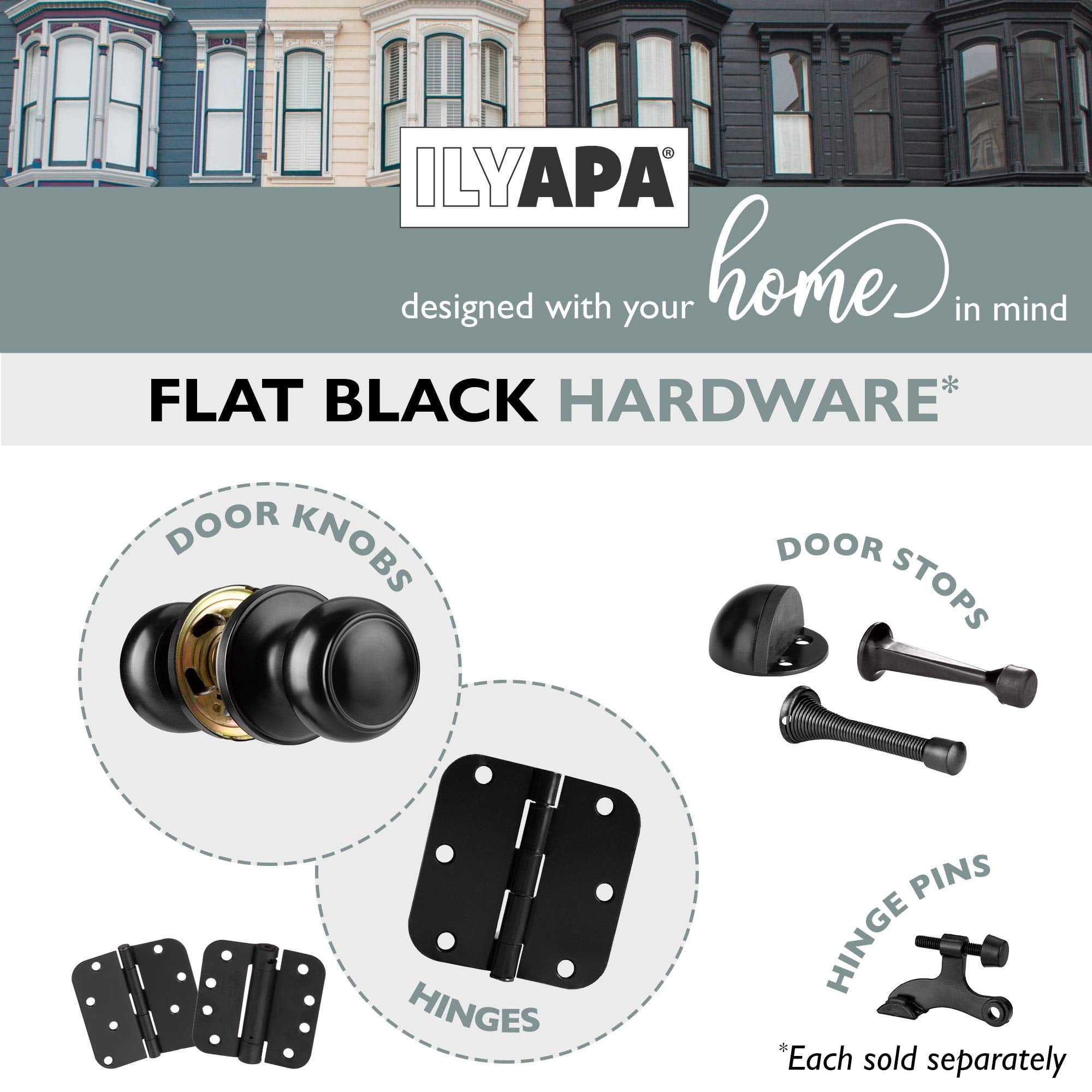 Ilyapa Passage Door Knobs, Colonial Style Closet Door Handle Matte Black Bedroom Inside Knobs Interior Hall Non Locking Indoor Doorknob, 10 Pack