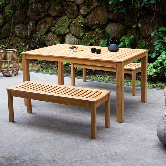 Crestwood Garden Fairmont 3 Piece Teak Wood Outdoor Patio Dining Set with Rectangular Dining Table and Backless Benches