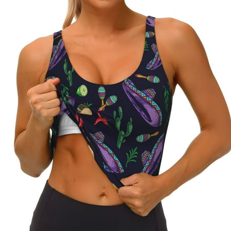 Qokaie Colorful Vintage Cactuses Pattern Womens Scoop Neck Sports Bra Breathable Workout Vest Padded U Back Medium Impact Fitness Gym Yoga Bra Workout Crop Top
